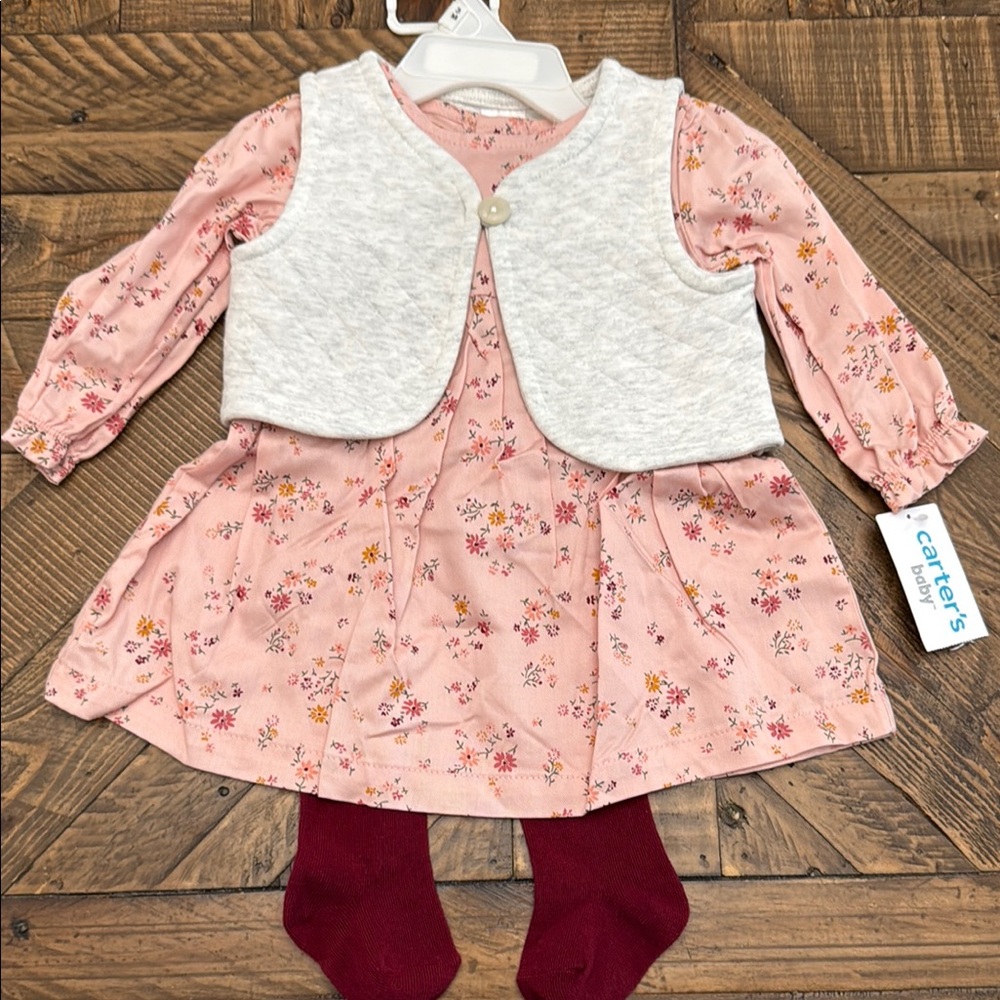 Carter's Pink Floral Dress Set with White Vest and Red Tights